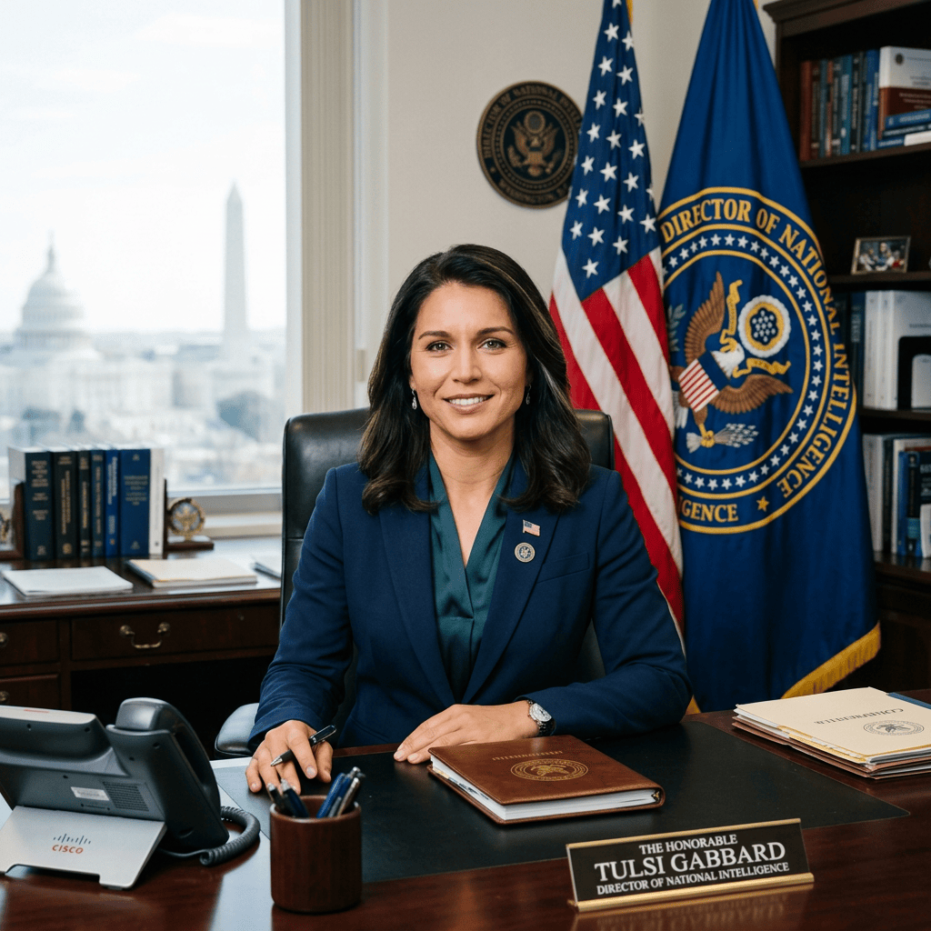 Tulsi Gabbard sitting at her desk in the Director of National Intelligence office with flags and Washington landmarks visible
